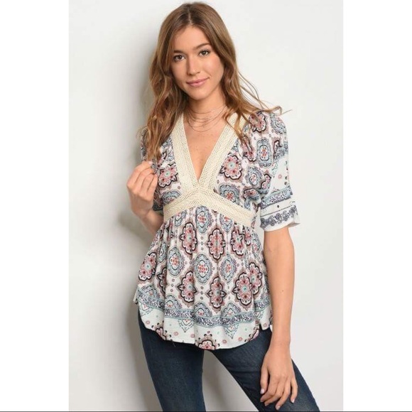 Bohemian Detail V-neck short sleeve blouse - Picture 3 of 5